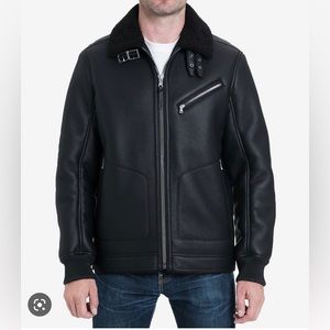 Mens Michael Kors. Leather jacket biker. Sherpa Fleece collar bomber jacket